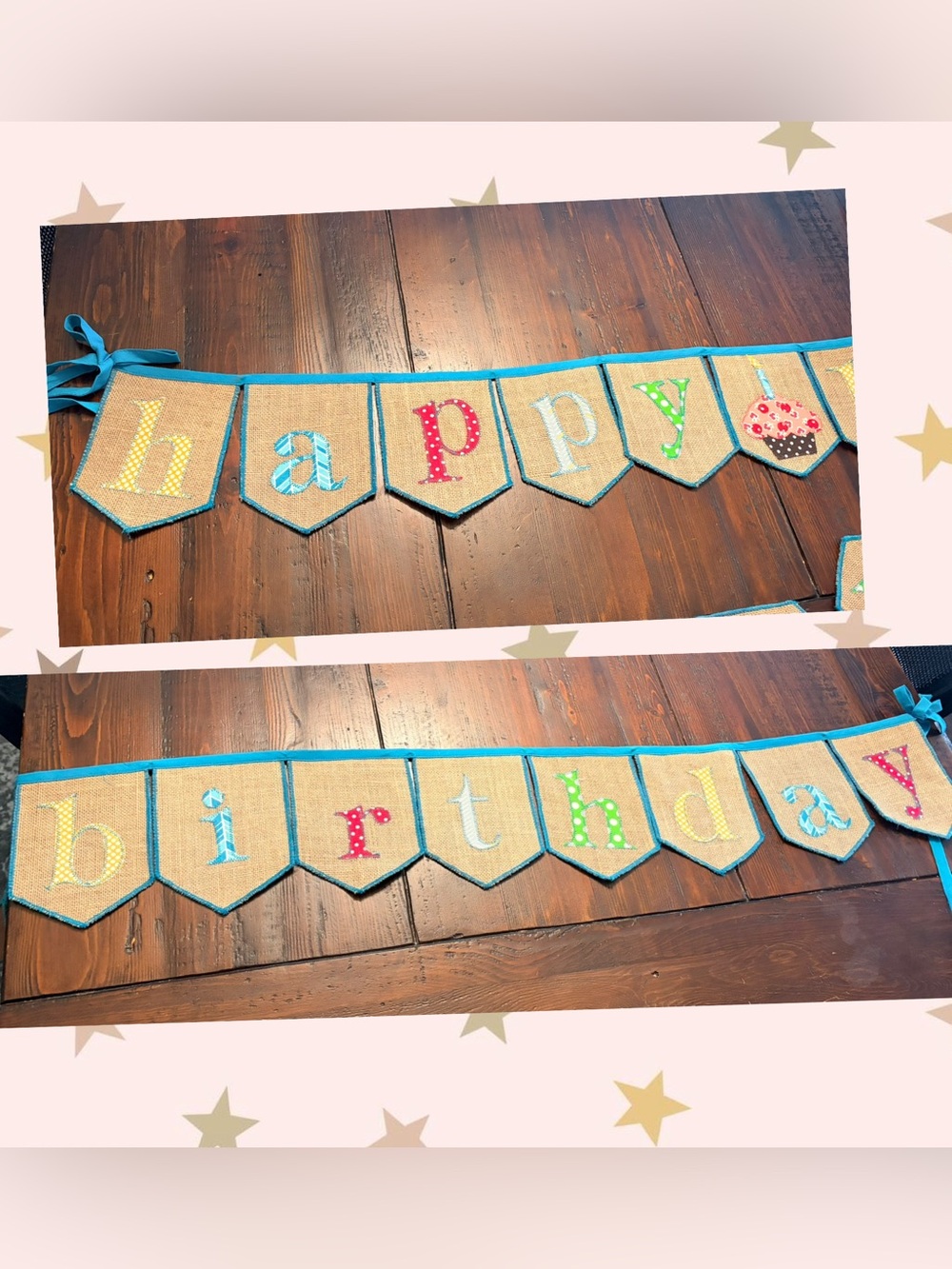 6FT Burlap "Happy Birthday" Banner Bright stitched Multicolor Letters handmade